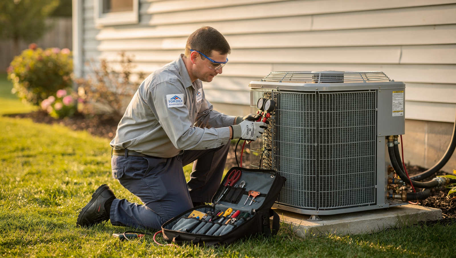 HVAC technician servicing an AC unit representing trust and professionalism