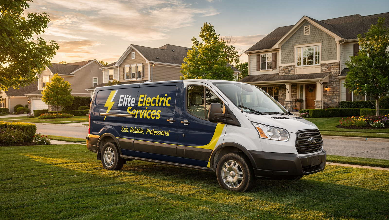 Electrician service van parked in an upscale neighborhood at sunset