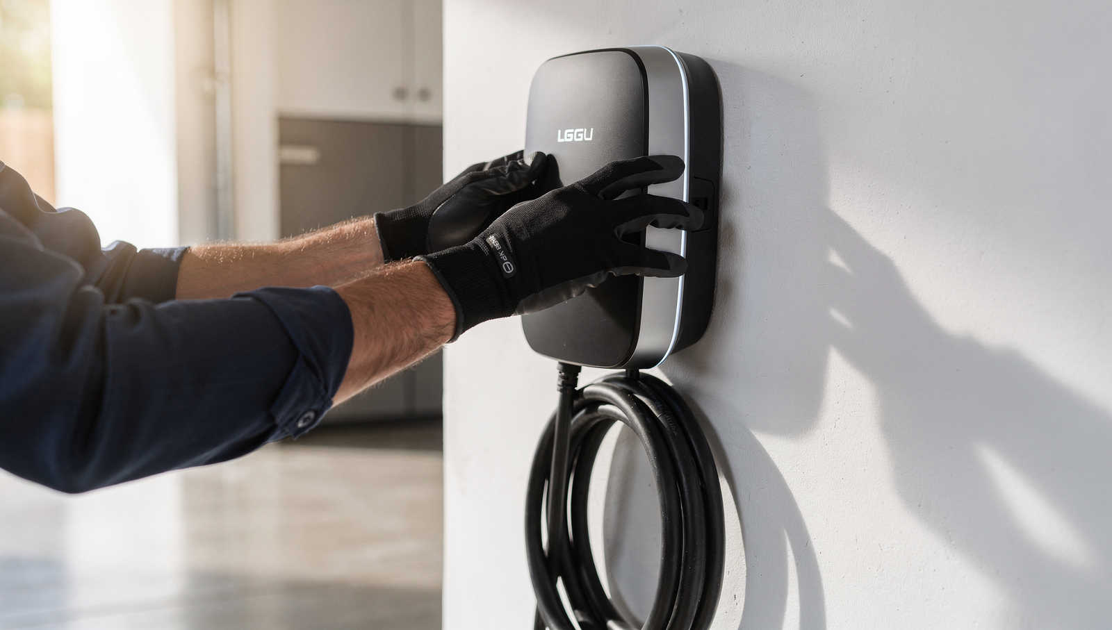Electrician installing a home EV charger in a modern garage
