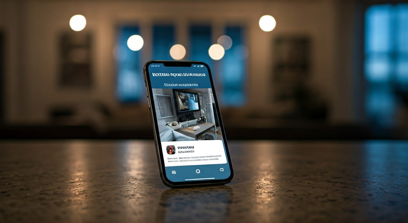 Smartphone displaying a local HVAC social media post in a home setting