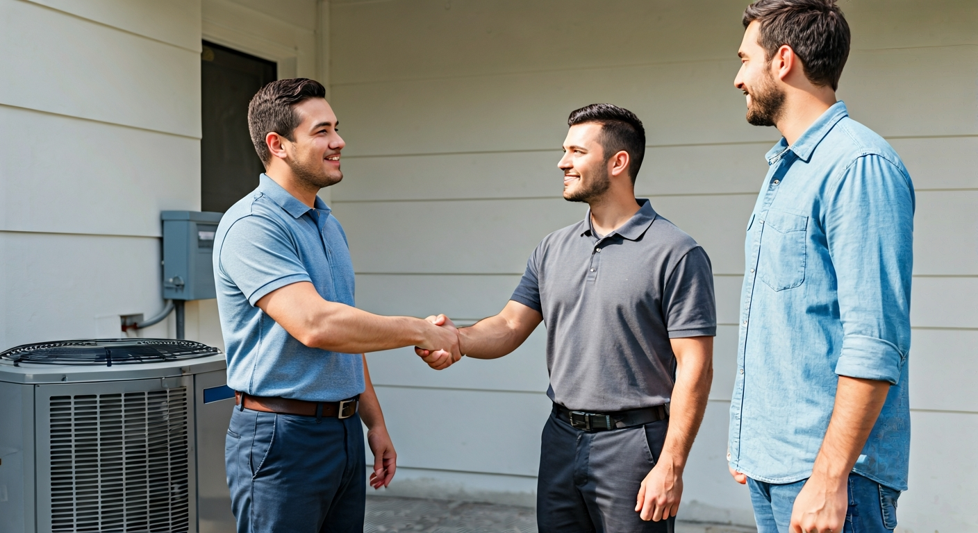 HVAC team completing an install and greeting a homeowner outside a house