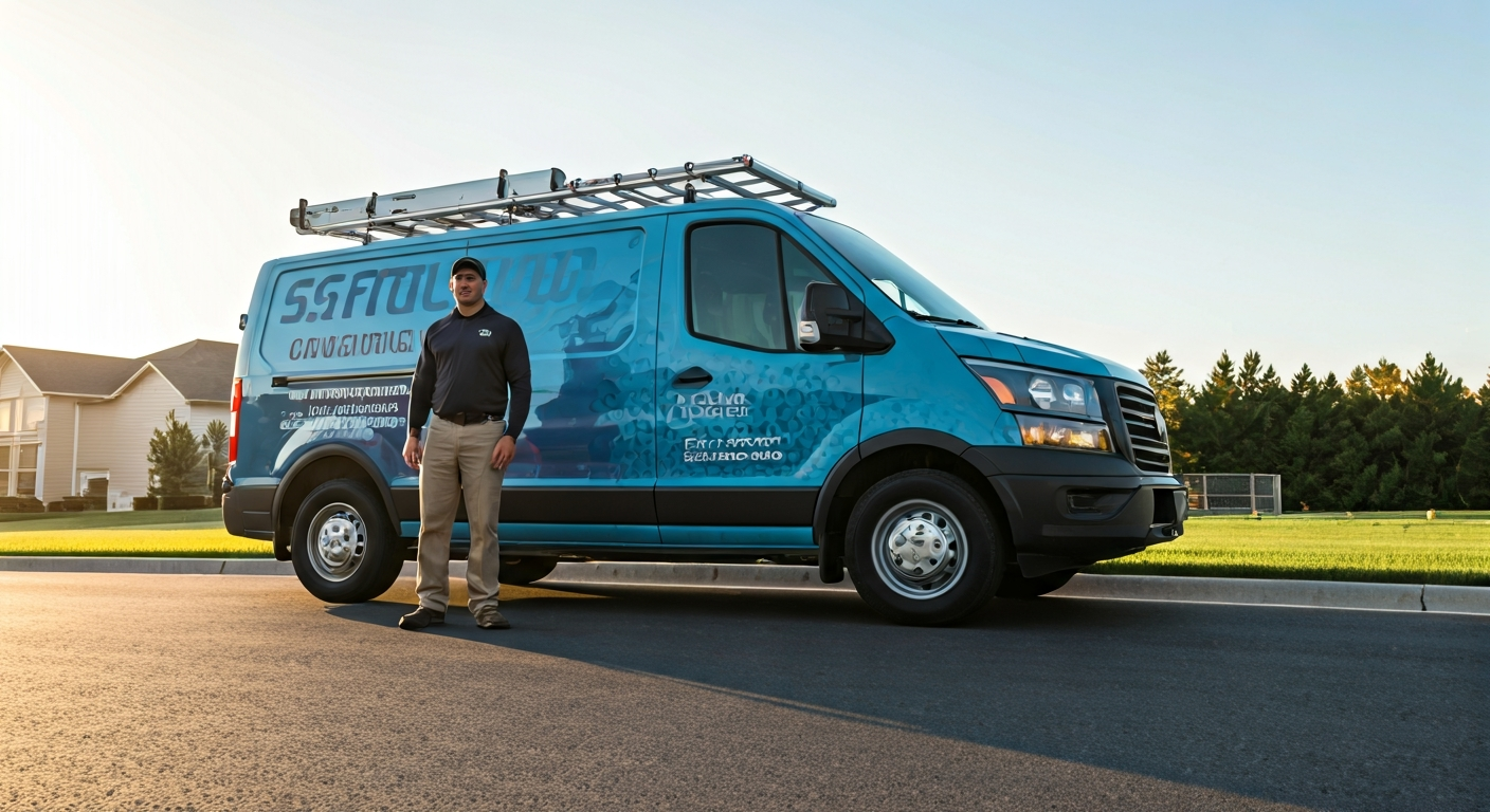 HVAC technician standing next to branded van in a suburban neighborhood