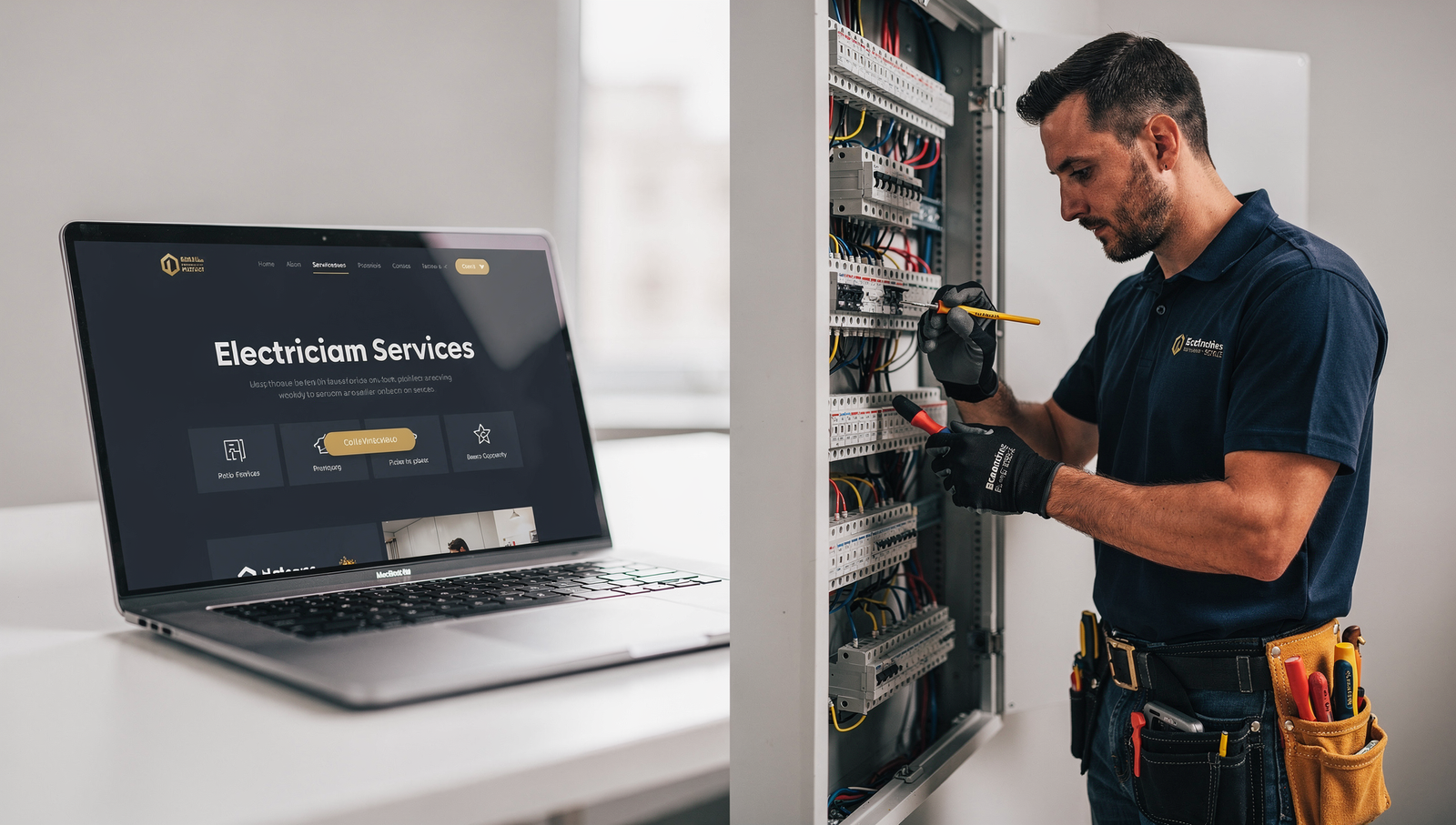 Modern electrician website displayed next to an electrician working at a breaker panel