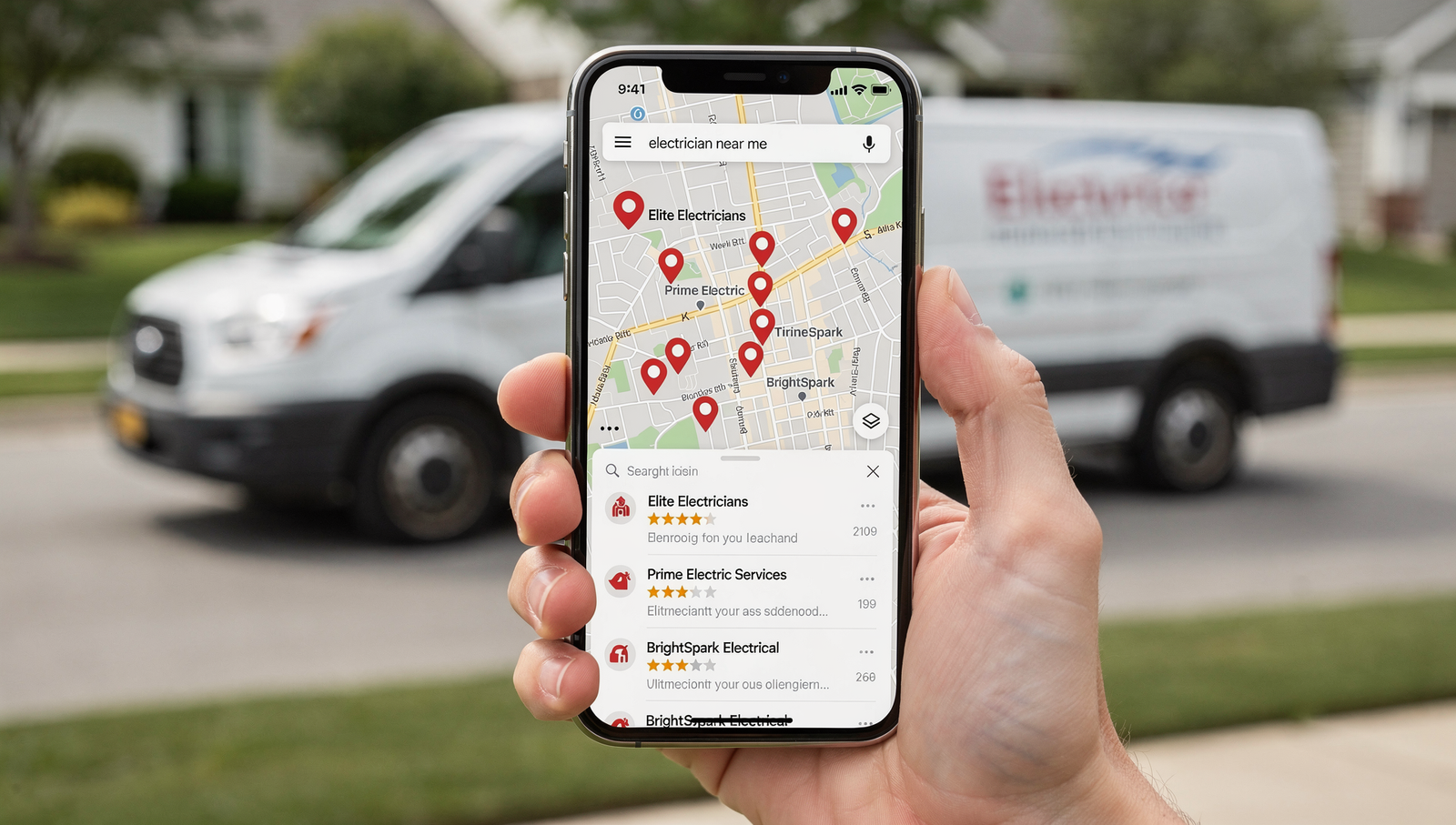 Google Maps search results for electrician near me on a smartphone screen