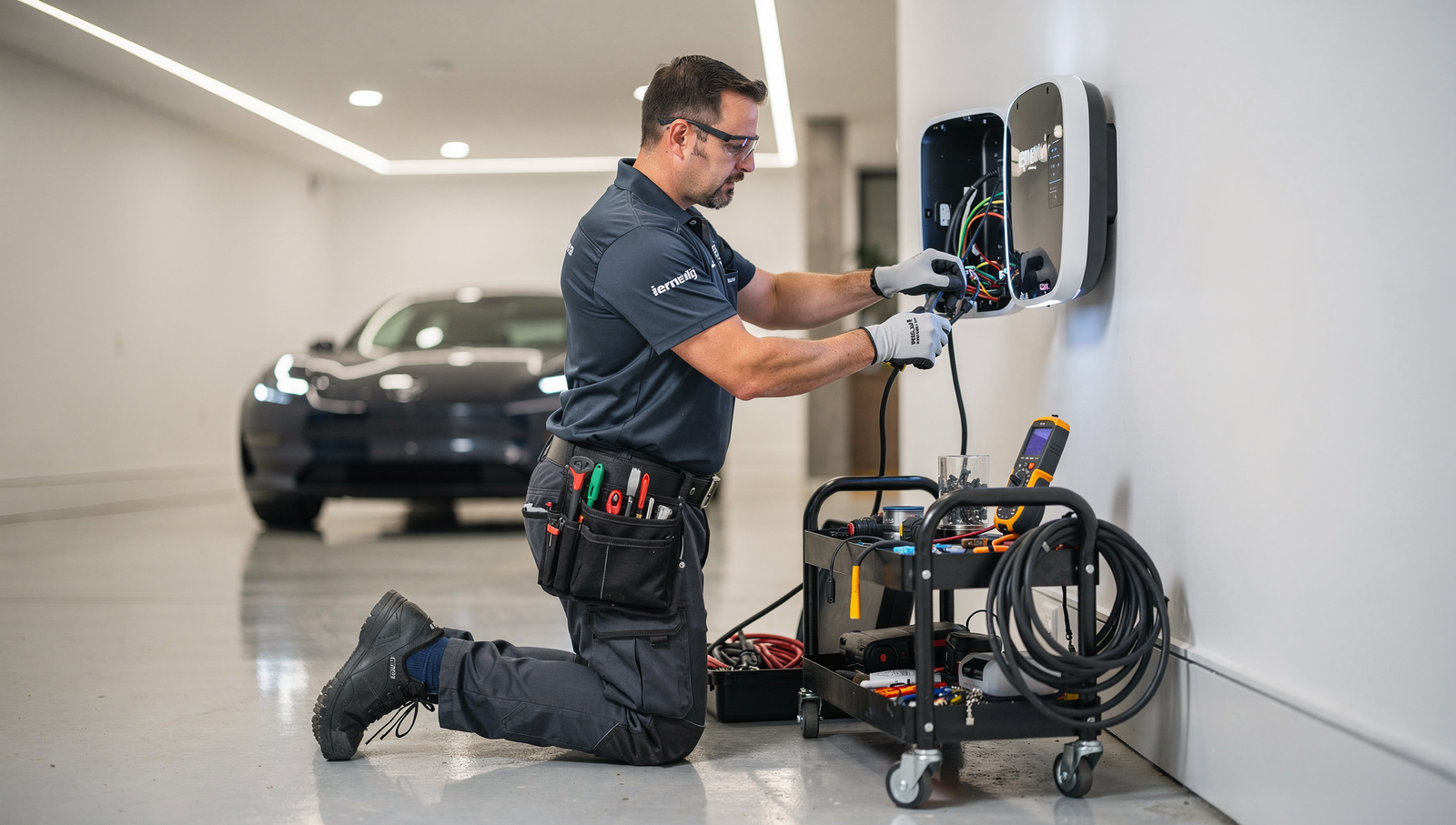 Electrician installing an EV charger in a modern luxury garage