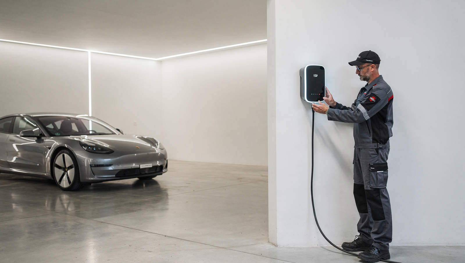 Electrician installing an EV charger in a modern residential garage