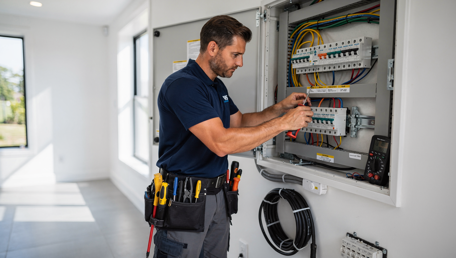 Electrician performing a clean electrical panel inspection in a modern home