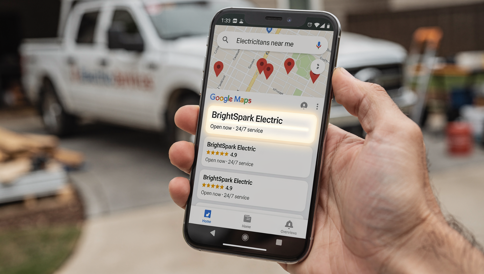 Google Maps results showing top local electrician listings