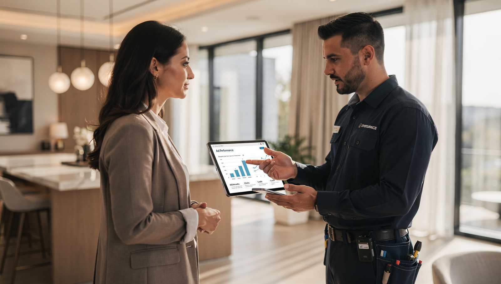 HVAC technician showing a homeowner ad performance results on a tablet