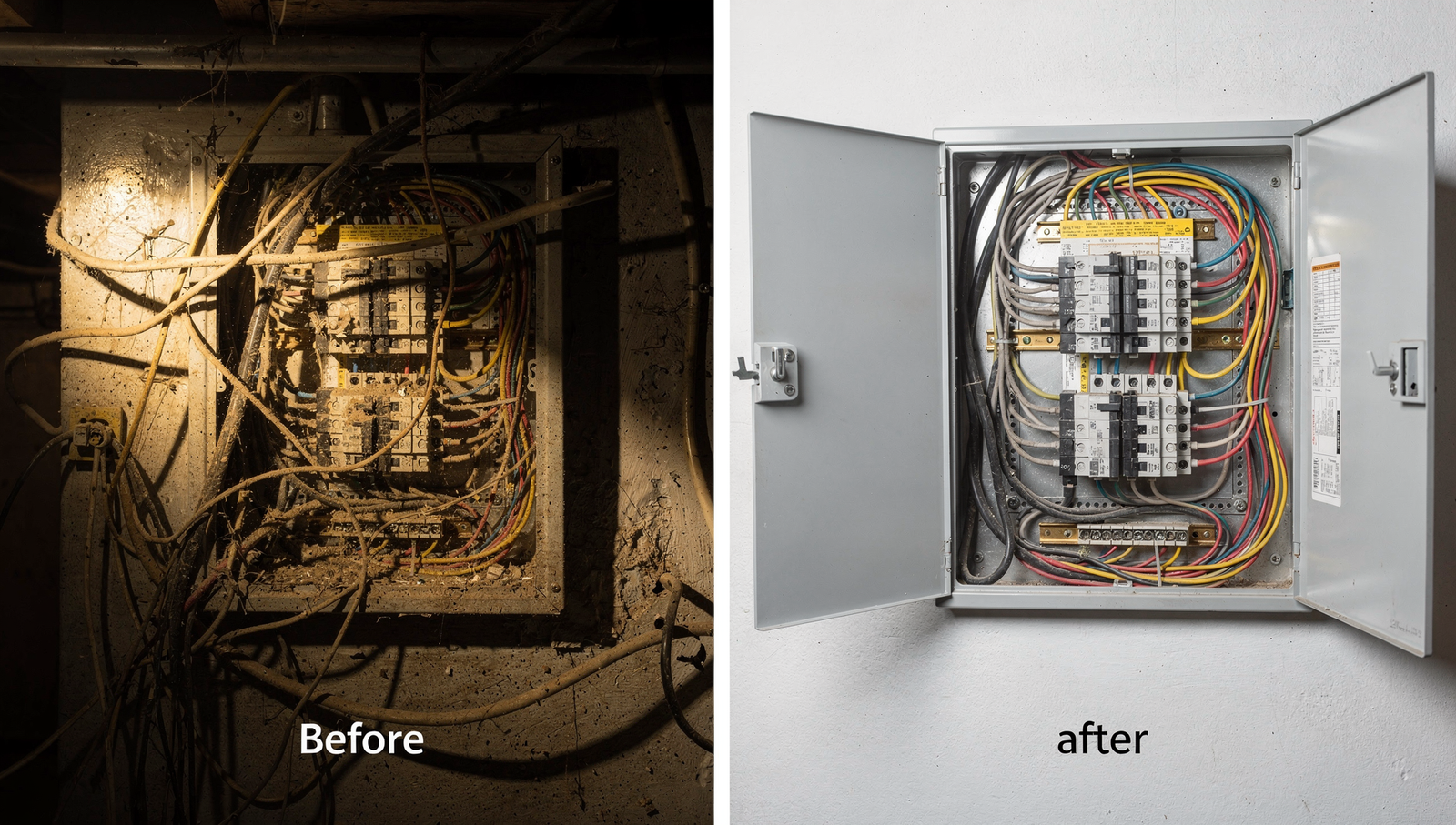 Before and after electrical panel upgrade showing neat wiring and labeling