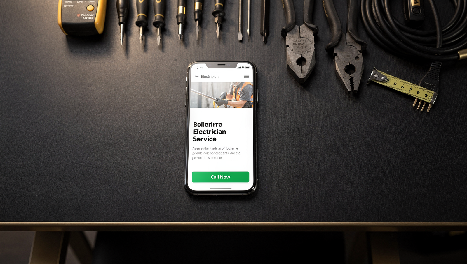 Mobile electrician website with click to call button on a premium dark desk setup