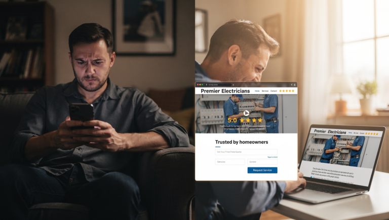 Comparison of outdated slow electrician website versus modern high converting site
