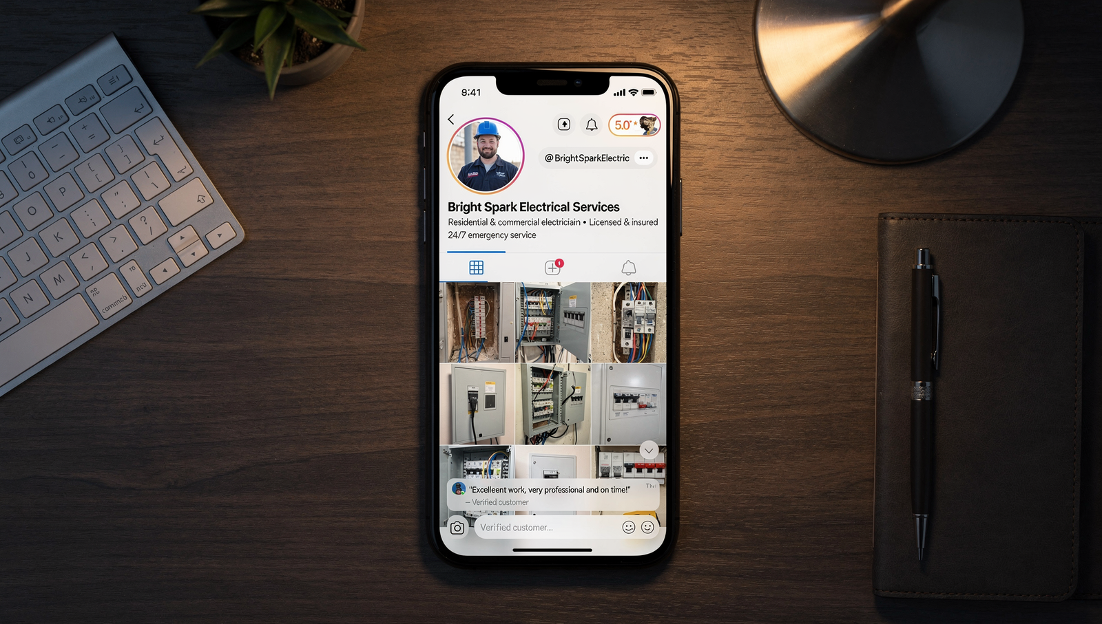 Smartphone displaying electrician social media profile with proof posts