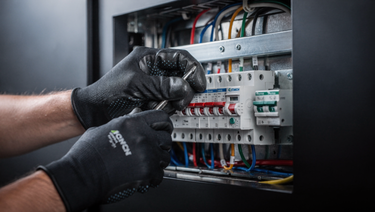 Electrician working in a modern electrical panel for a social media strategy guide