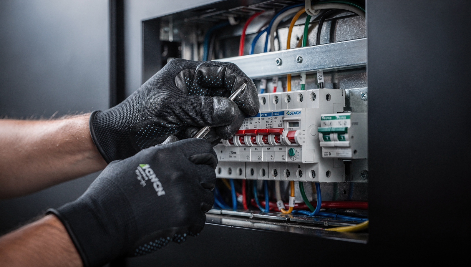Electrician working in a modern electrical panel for a social media strategy guide