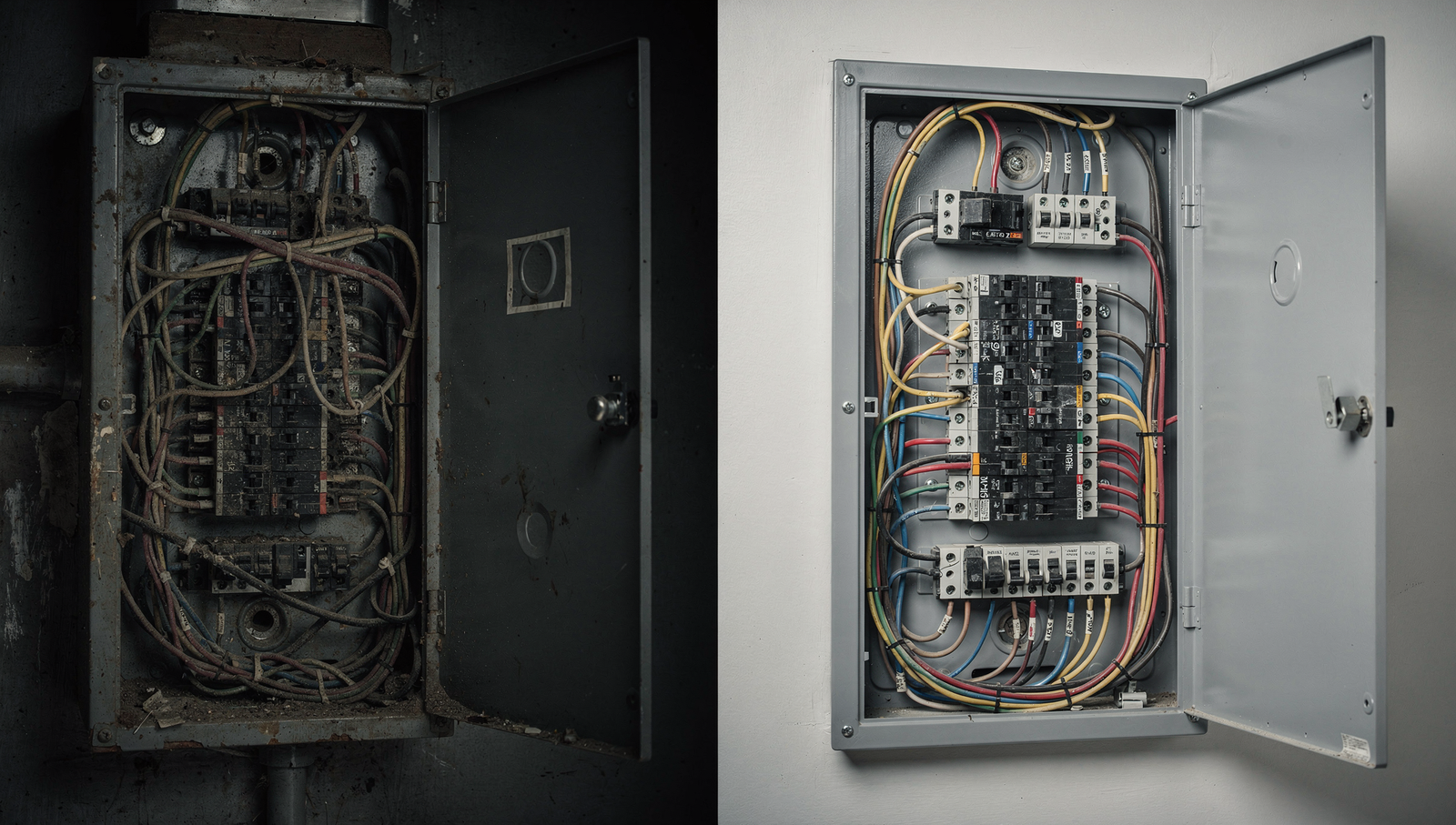 Before and after of an upgraded and labeled electrical panel