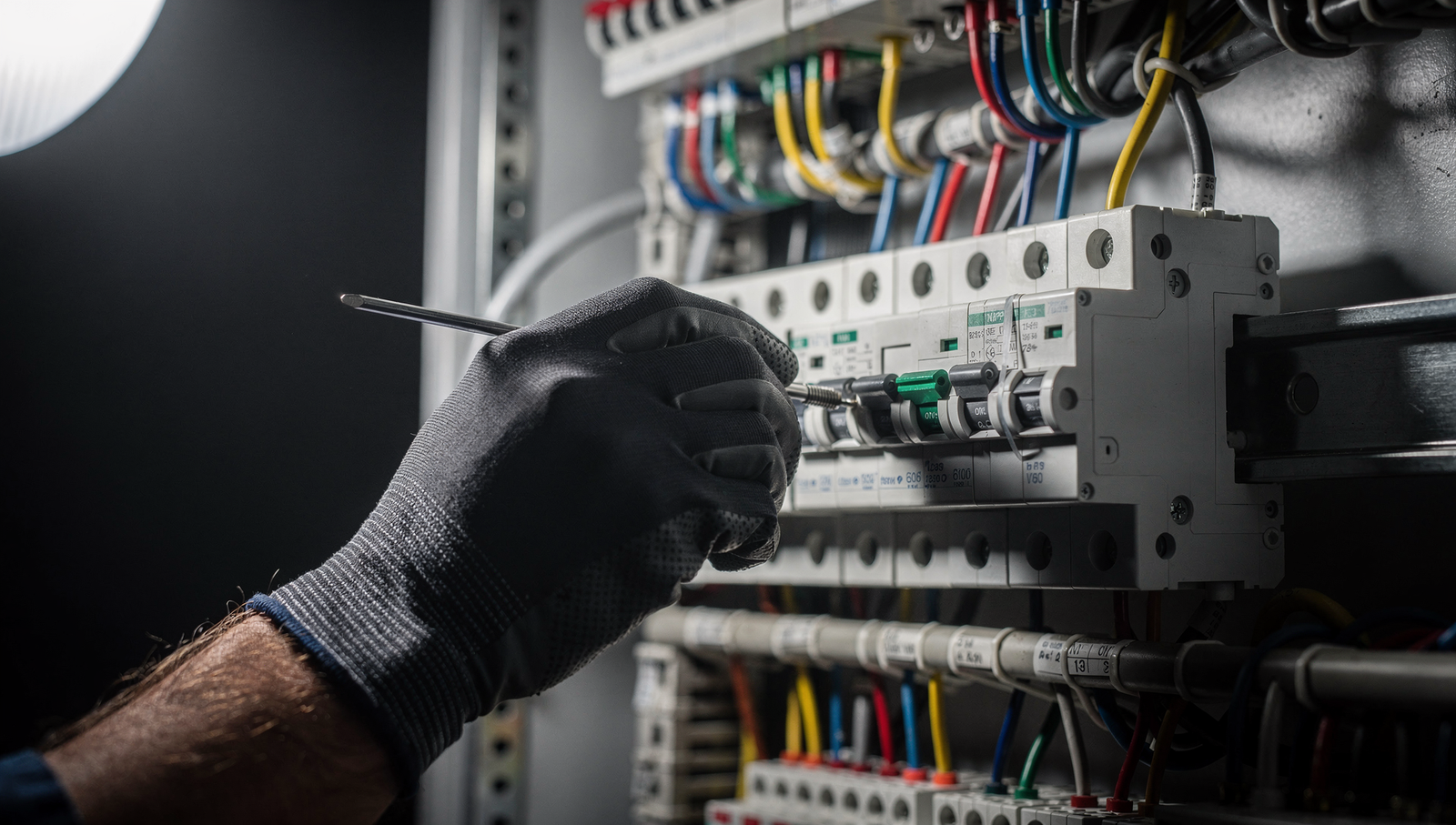 Electrician working in a modern electrical panel