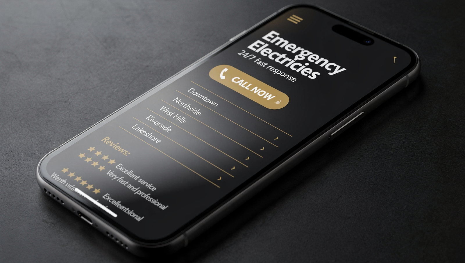 Mobile electrician service page with call button and reviews