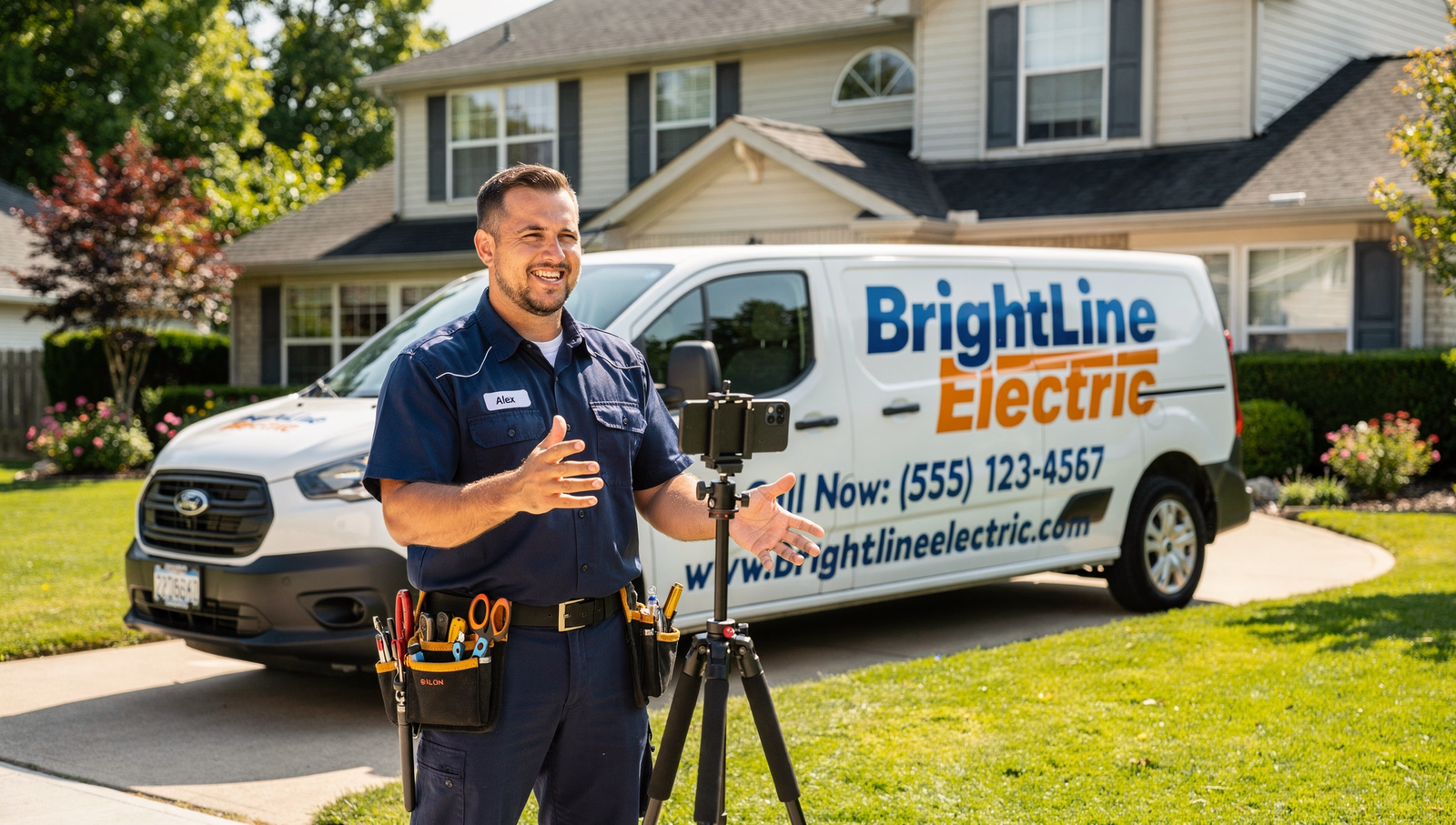 Electrician filming a quick educational video at a residential job