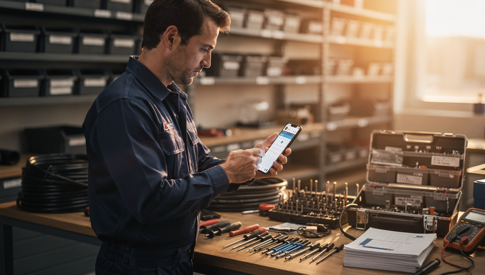 Electrician scheduling social media posts to save time