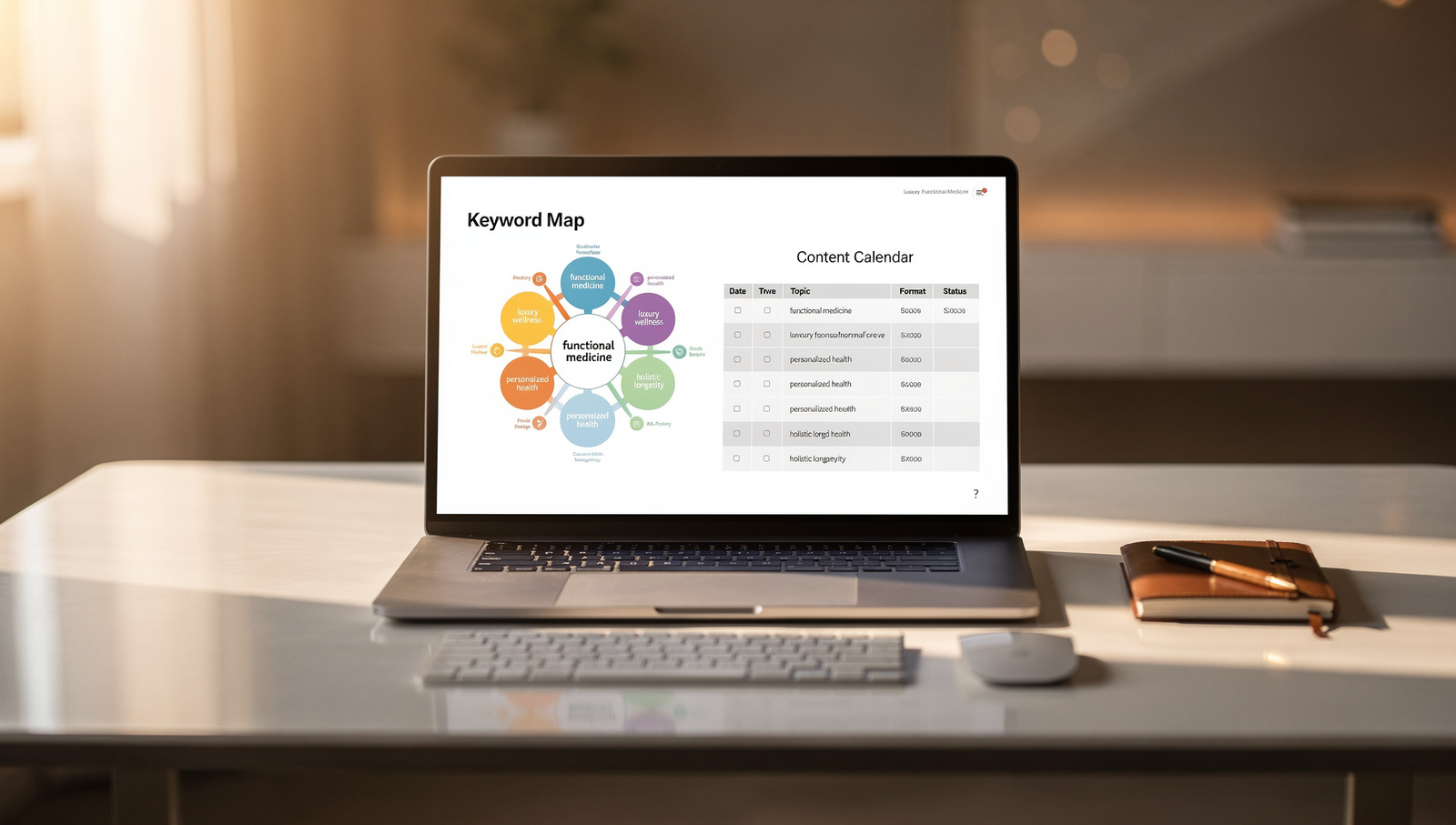 Functional medicine SEO services content planning dashboard