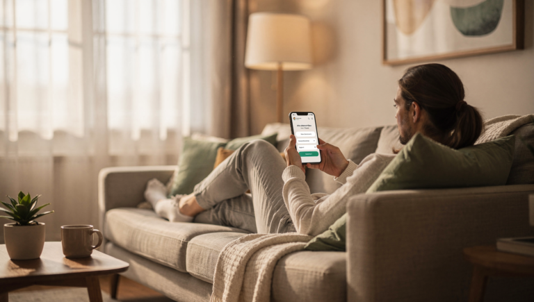 Person using a smartphone to browse a holistic doctor website with an easy booking flow.