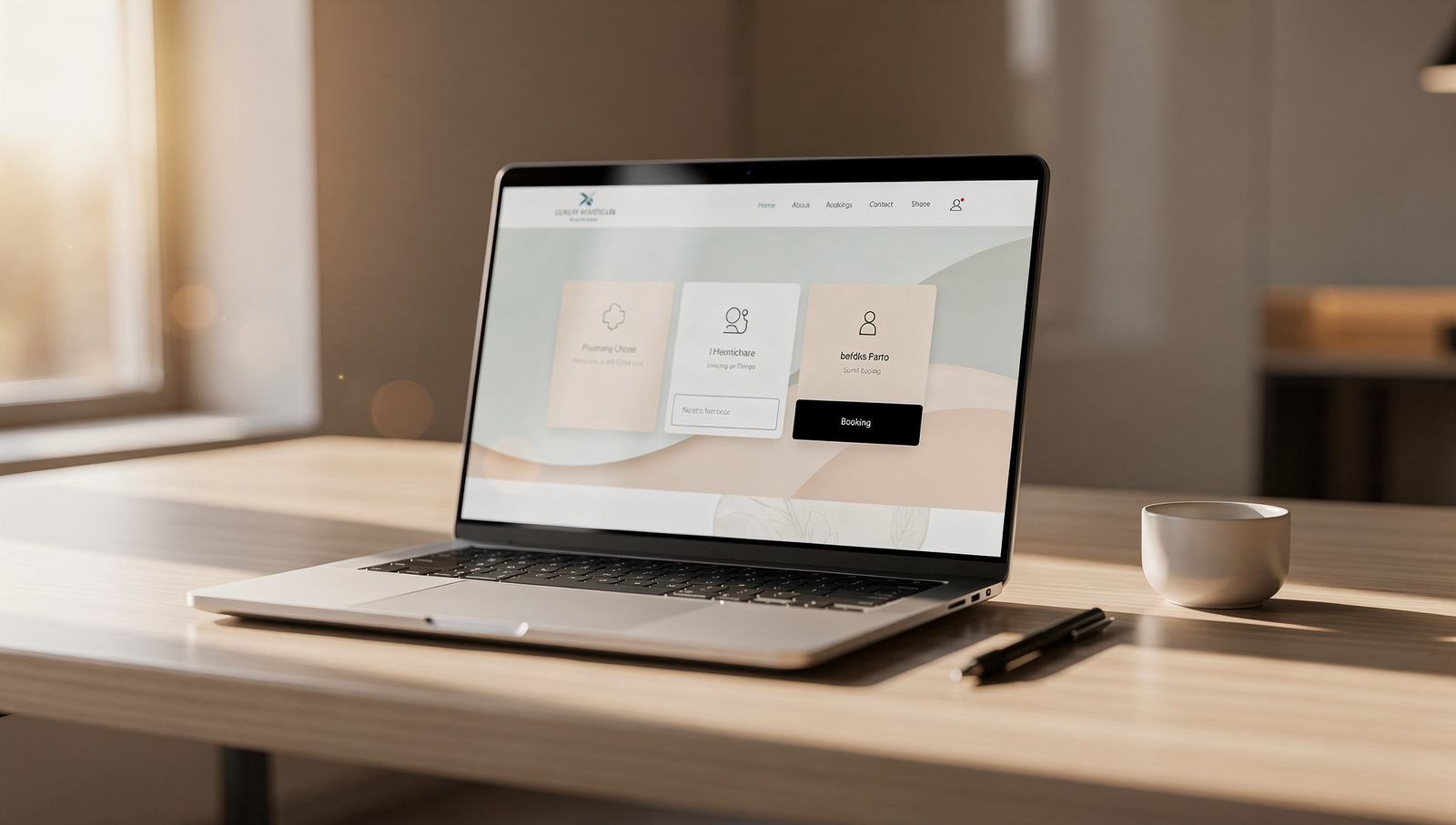 Laptop showing a clean luxury functional medicine website design on a minimalist desk.