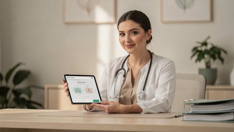 Holistic doctor viewing website funnel and online booking flow on a tablet