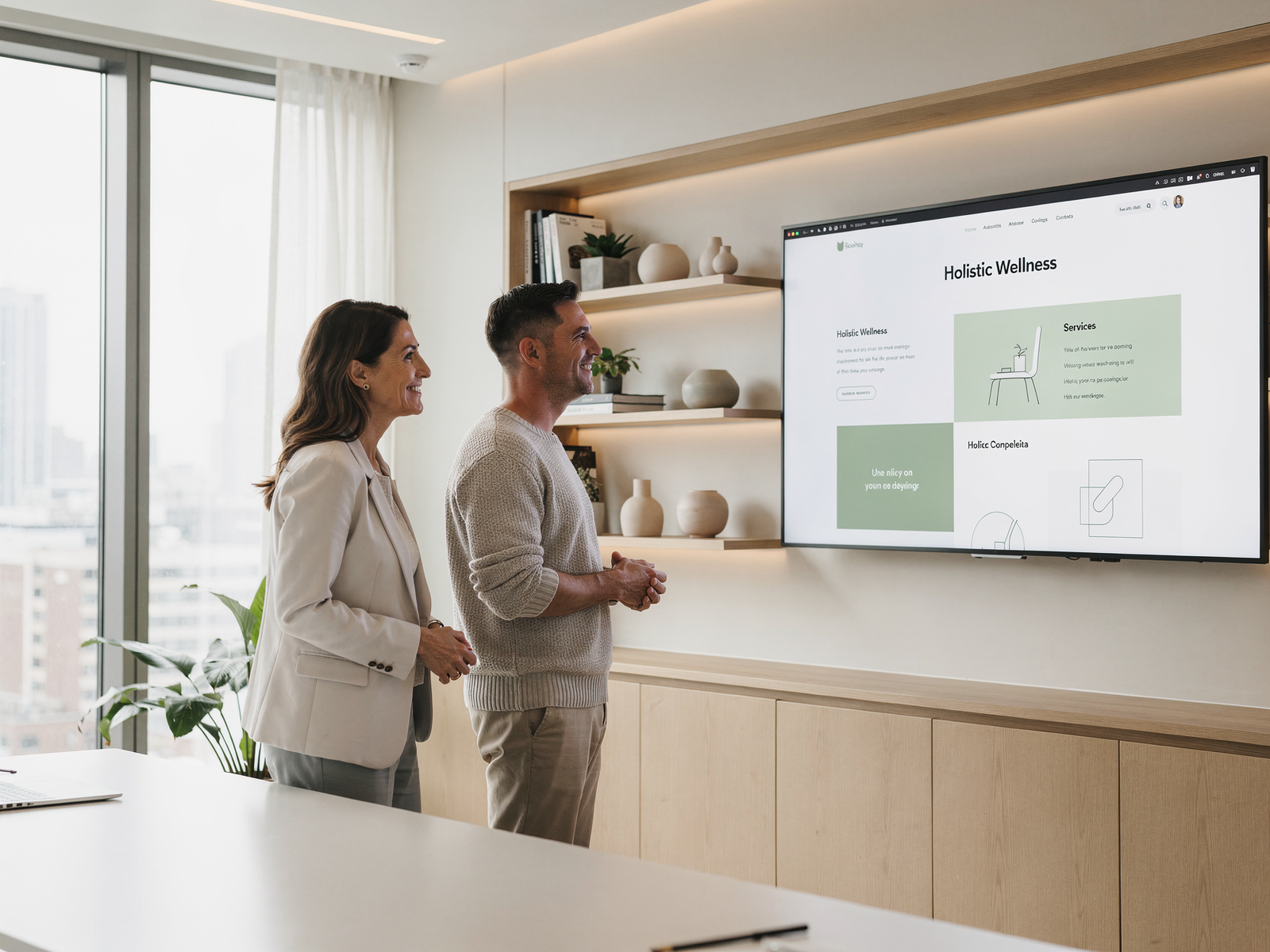 Holistic doctor reviewing a website design plan with a designer