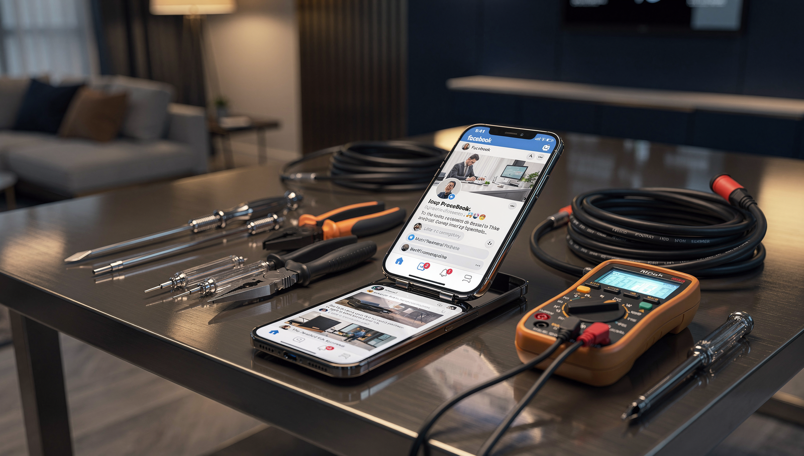 Electrician reviewing Facebook marketing results on a smartphone