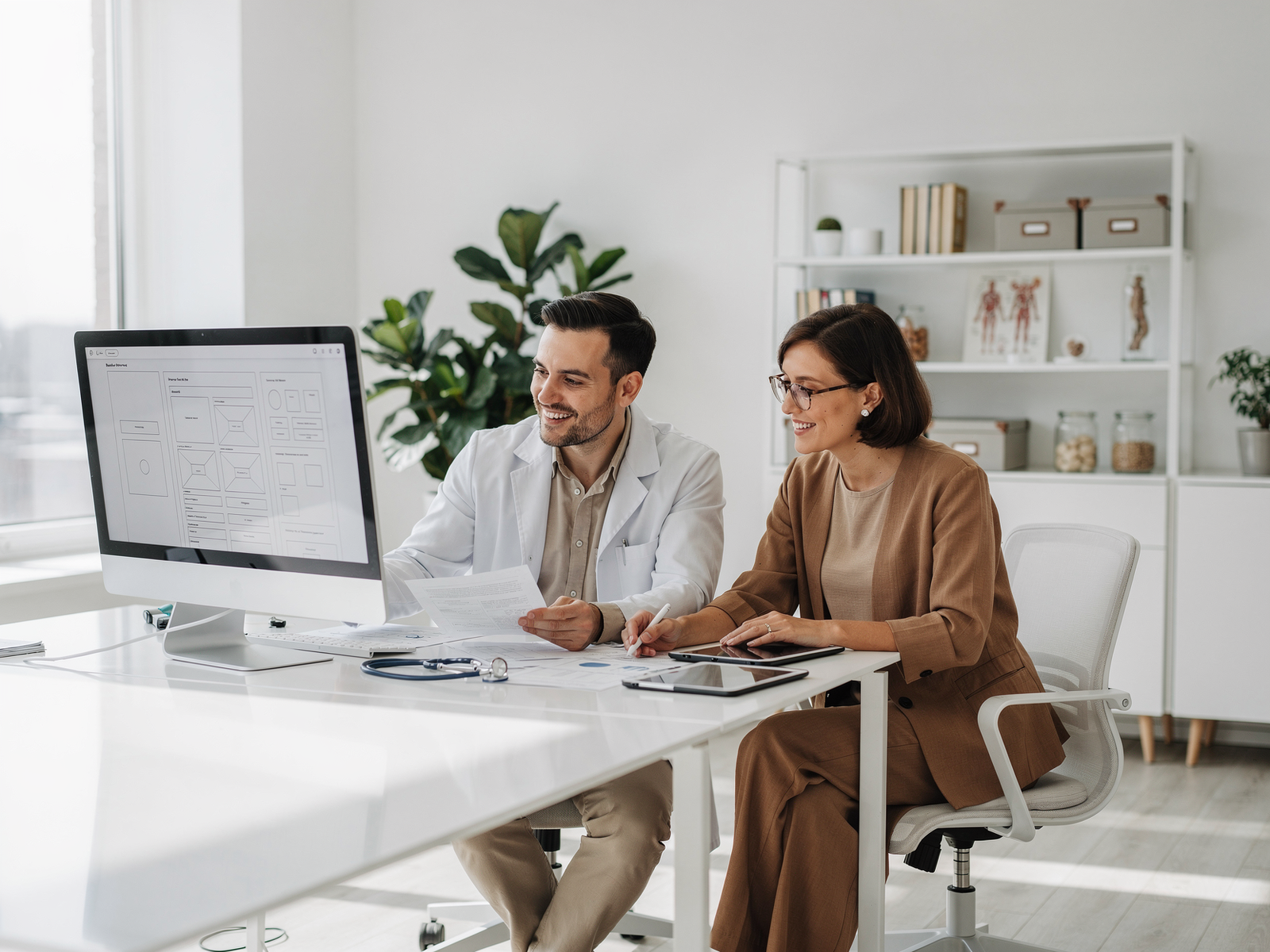 Practitioner and designer planning a functional medicine website layout
