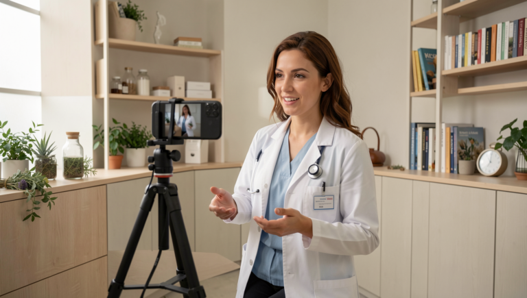 Holistic doctor creating educational social media content in clinic