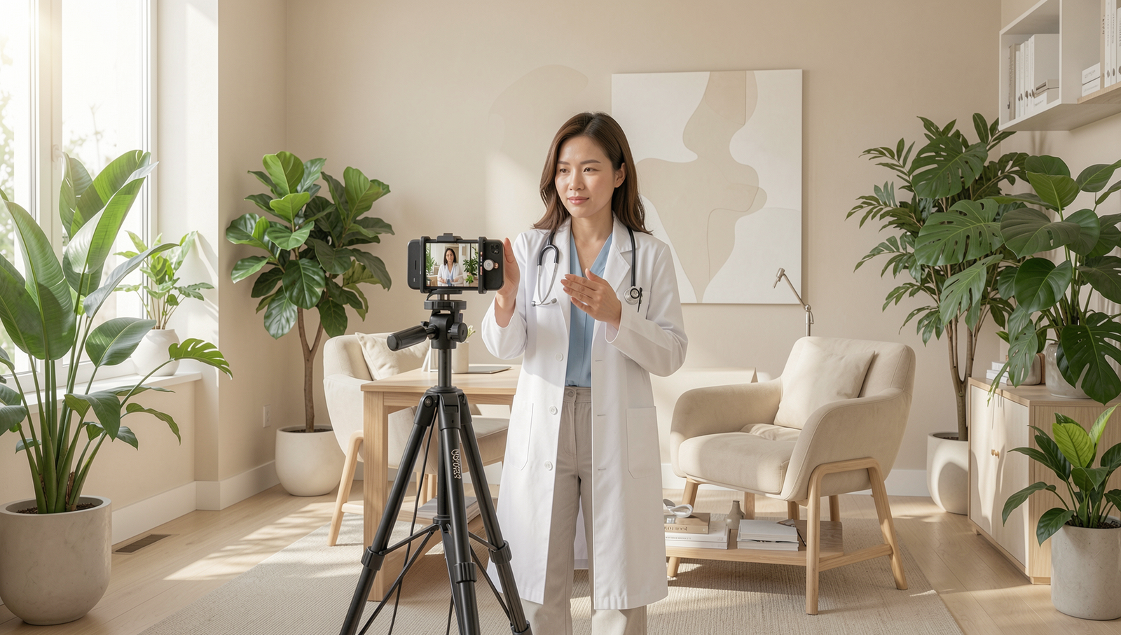 Holistic doctor creating social media video content in a modern wellness office