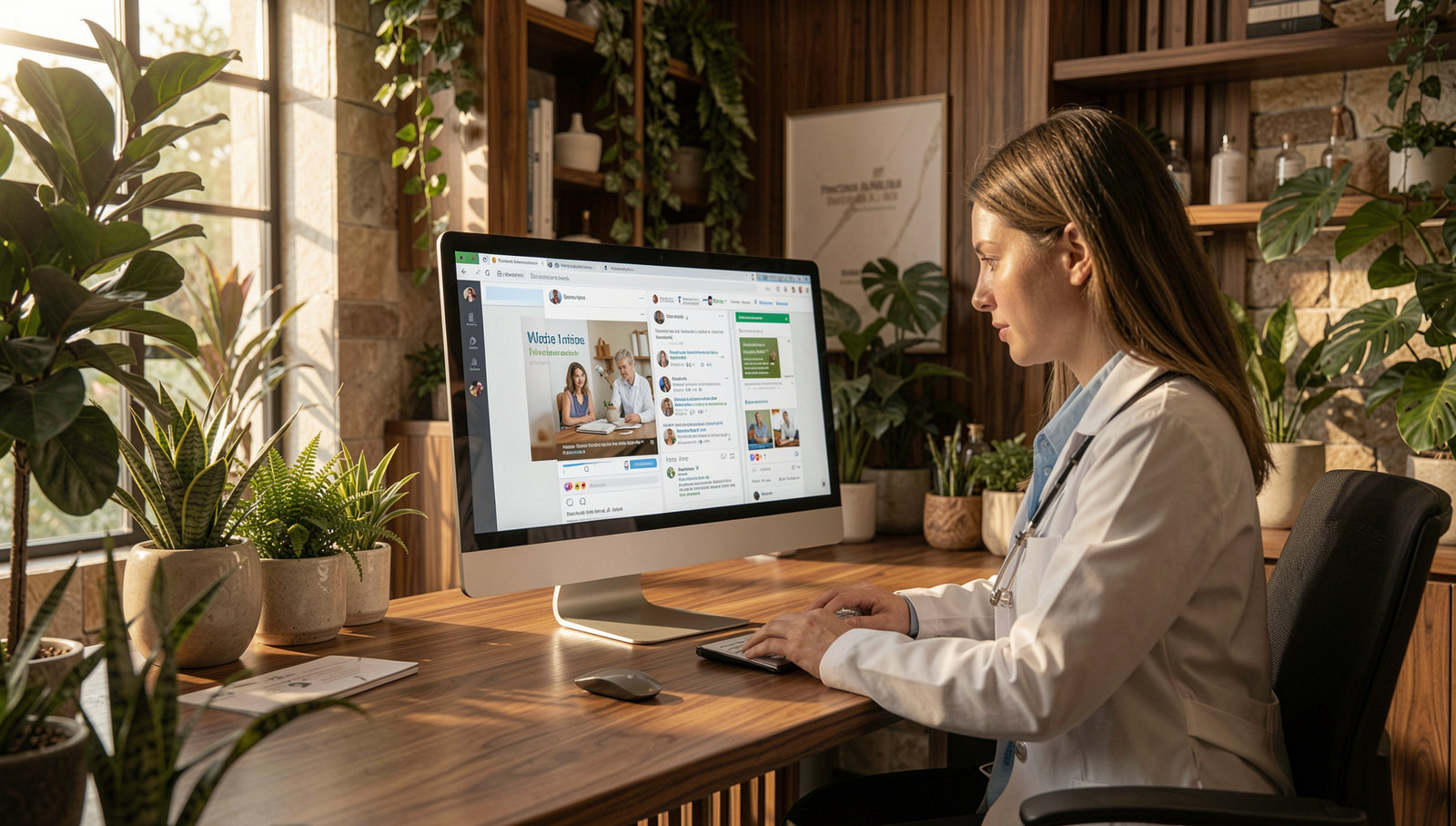 Functional medicine doctor reviewing social media marketing content in a luxury clinic office