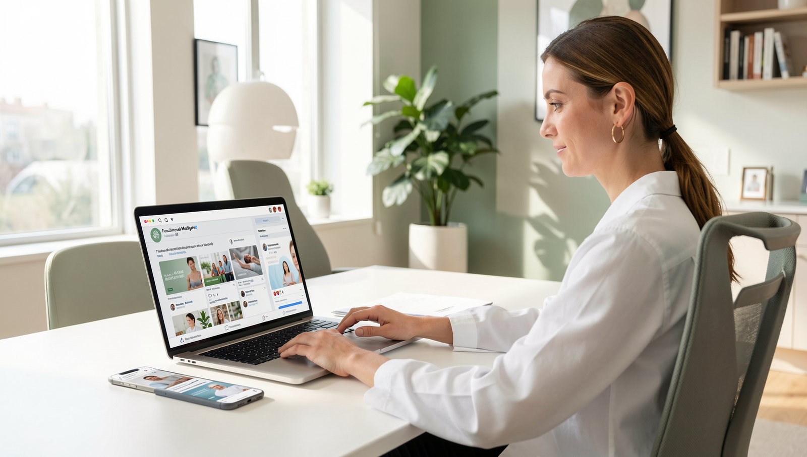 Functional Medicine Practitioner reviewing branded social media content in a luxury wellness clinic