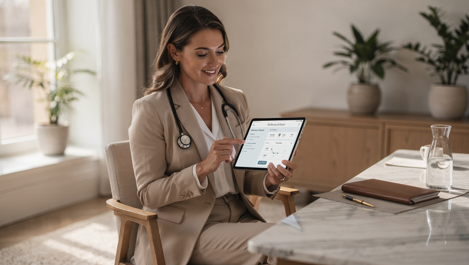 Holistic doctor reviewing a wellness plan in a premium office