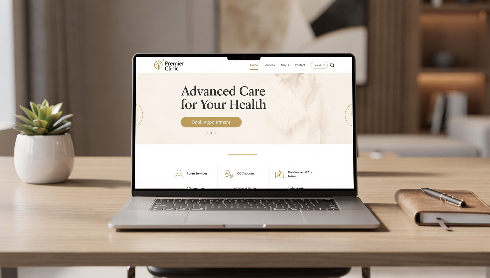 Premium clinic website displayed on a laptop in a luxury workspace