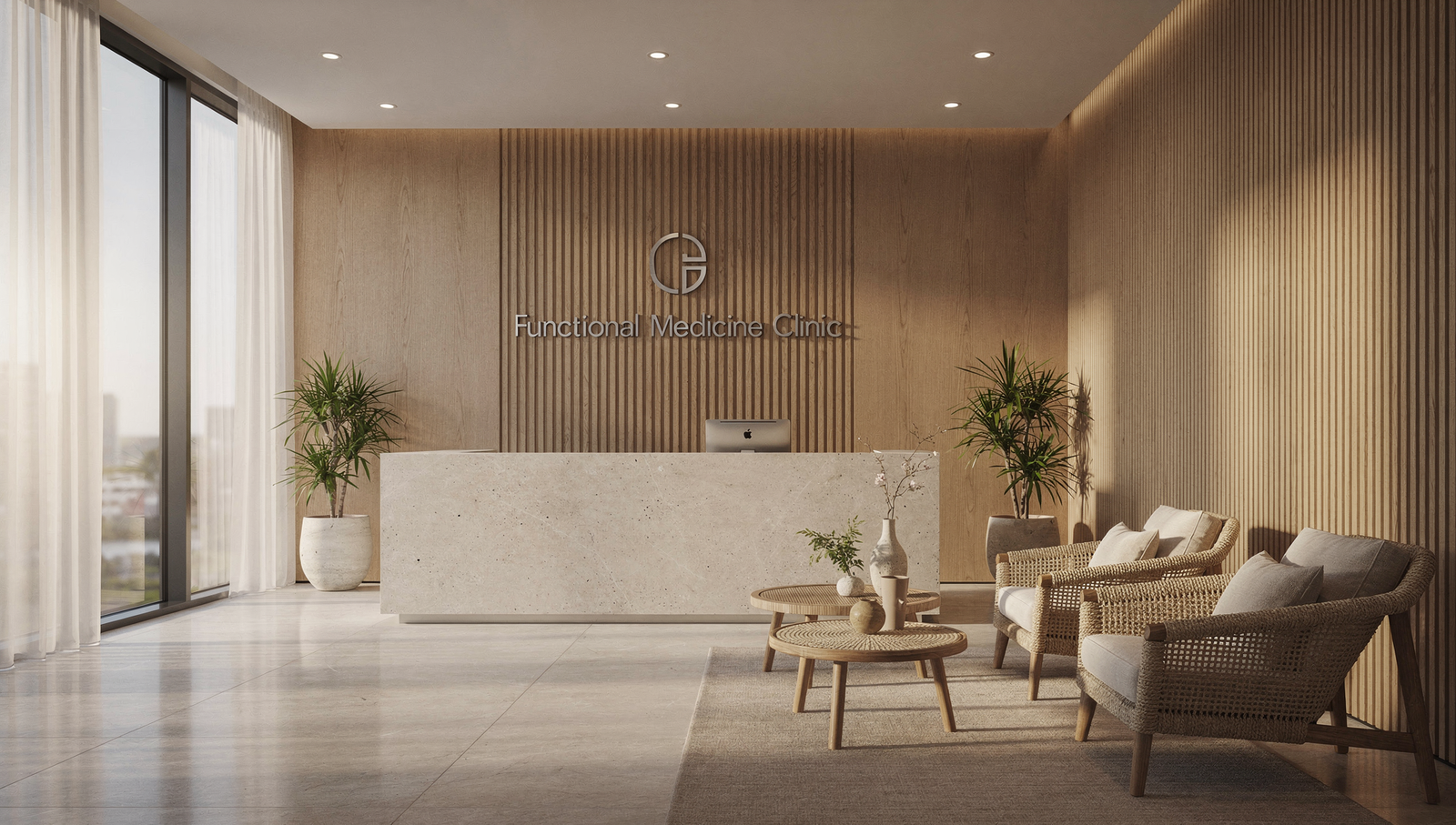 Premium clinic website displayed on a laptop in a luxury workspace