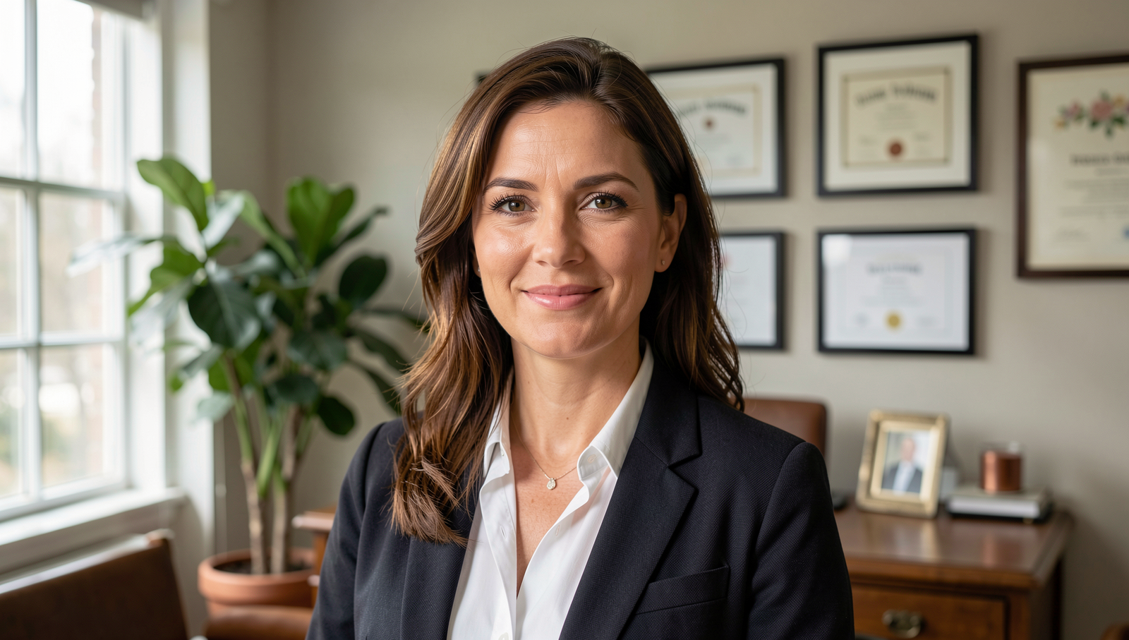 Holistic practitioner in an office with credentials visible