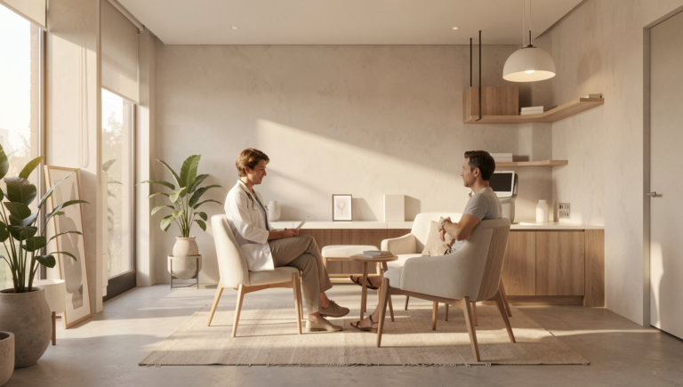 Integrative medicine doctor consulting a patient in a modern clinic